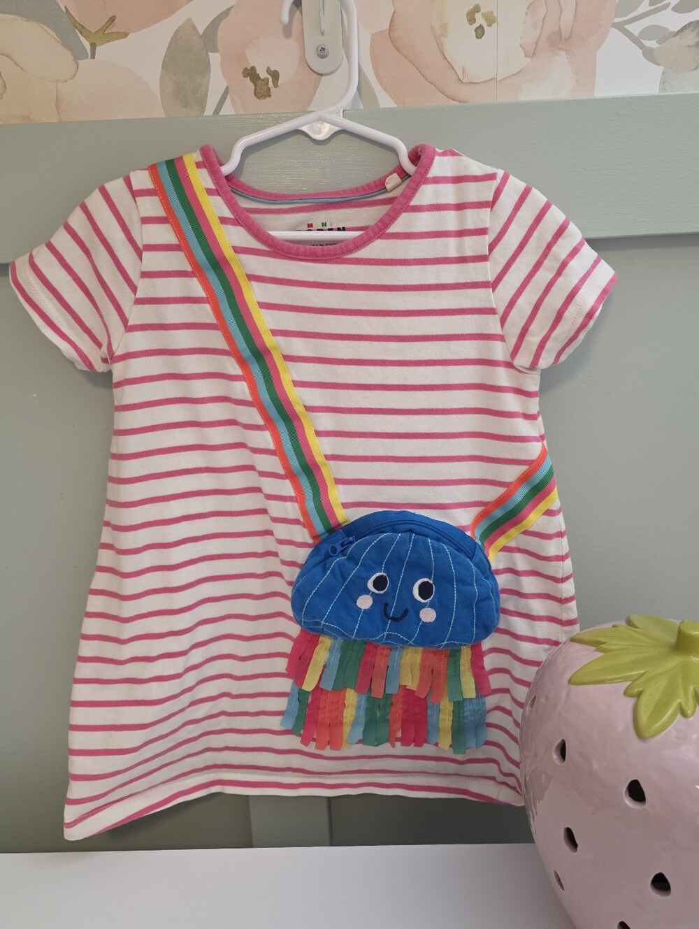Mini Boden Pink & White Striped with Rainbow Jellyfish Pocket 5-6 Tunic Dress 5t